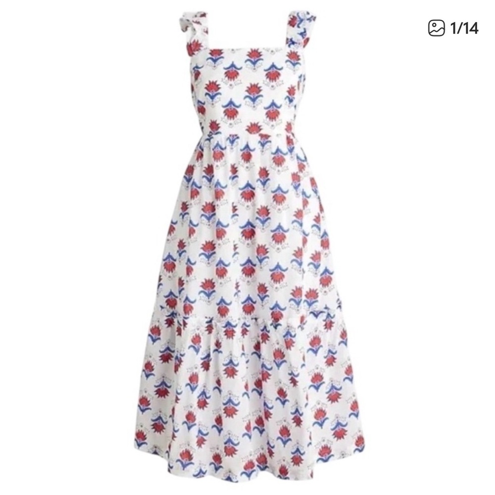 J. Crew White Dress with Red and Blue Floral Pattern